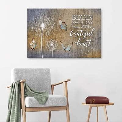 Christian Canvas Wall Art Begin Each Day With A Grateful Heart Dandelions Butterflies