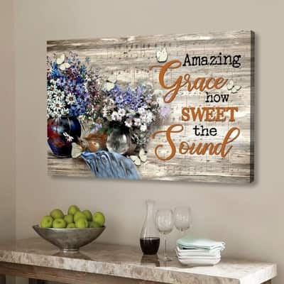 Christian Canvas Wall Art Amazing Grace How Sweet The Sound Daisy Butterfly