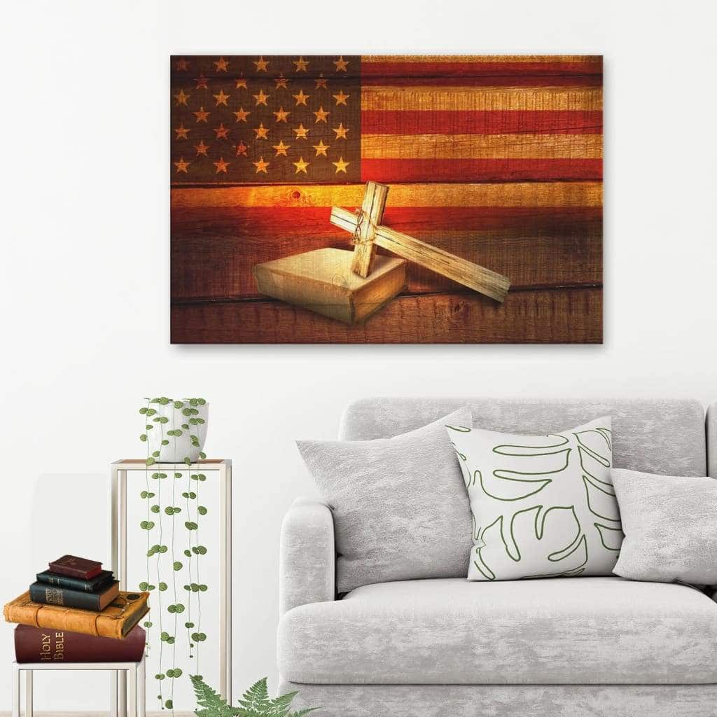 Christian Canvas Wall Art American Flag With Cross Christian Canvas Wall Art American Flag With Cross