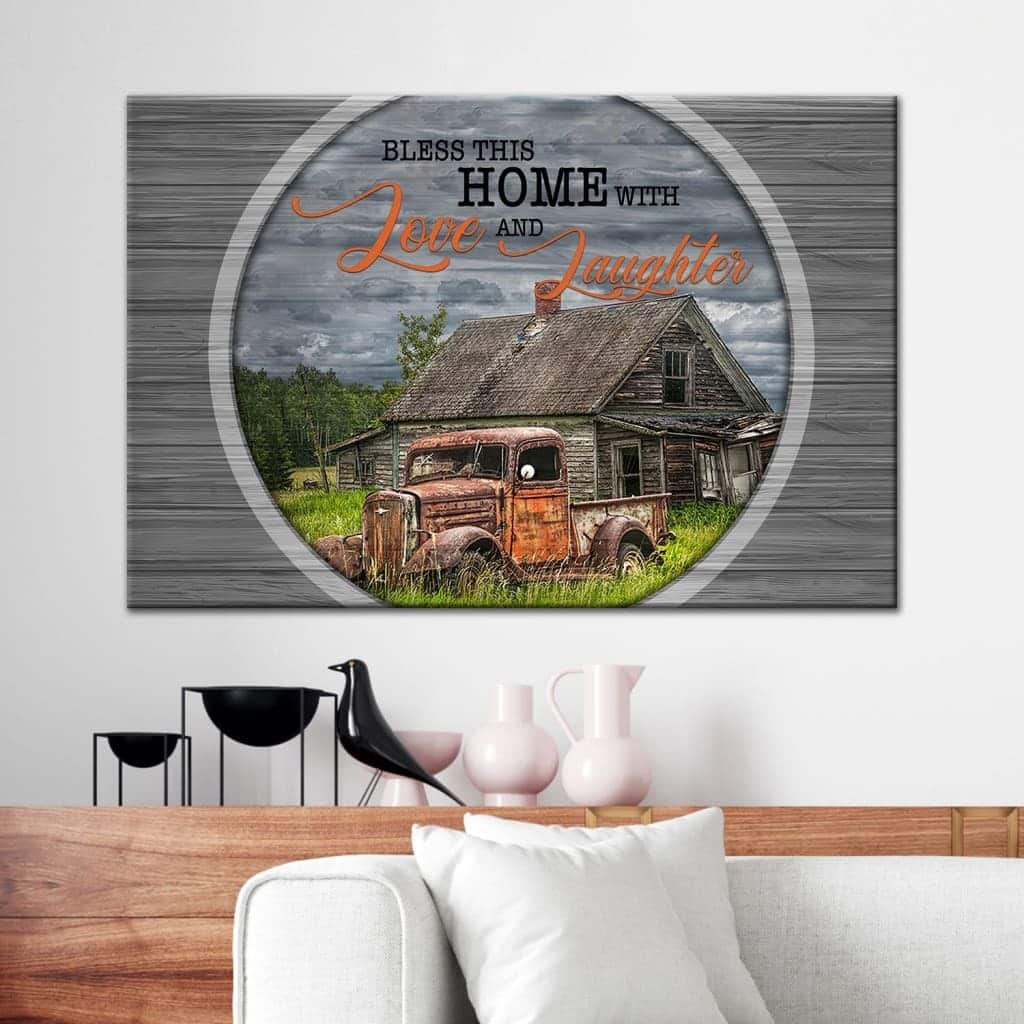 Christian Canvas Wall Art Bless This Home With Love And Laughter Farmhouse