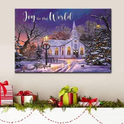 Christian Canvas Wall Art Joy To The World Country Church In Snow