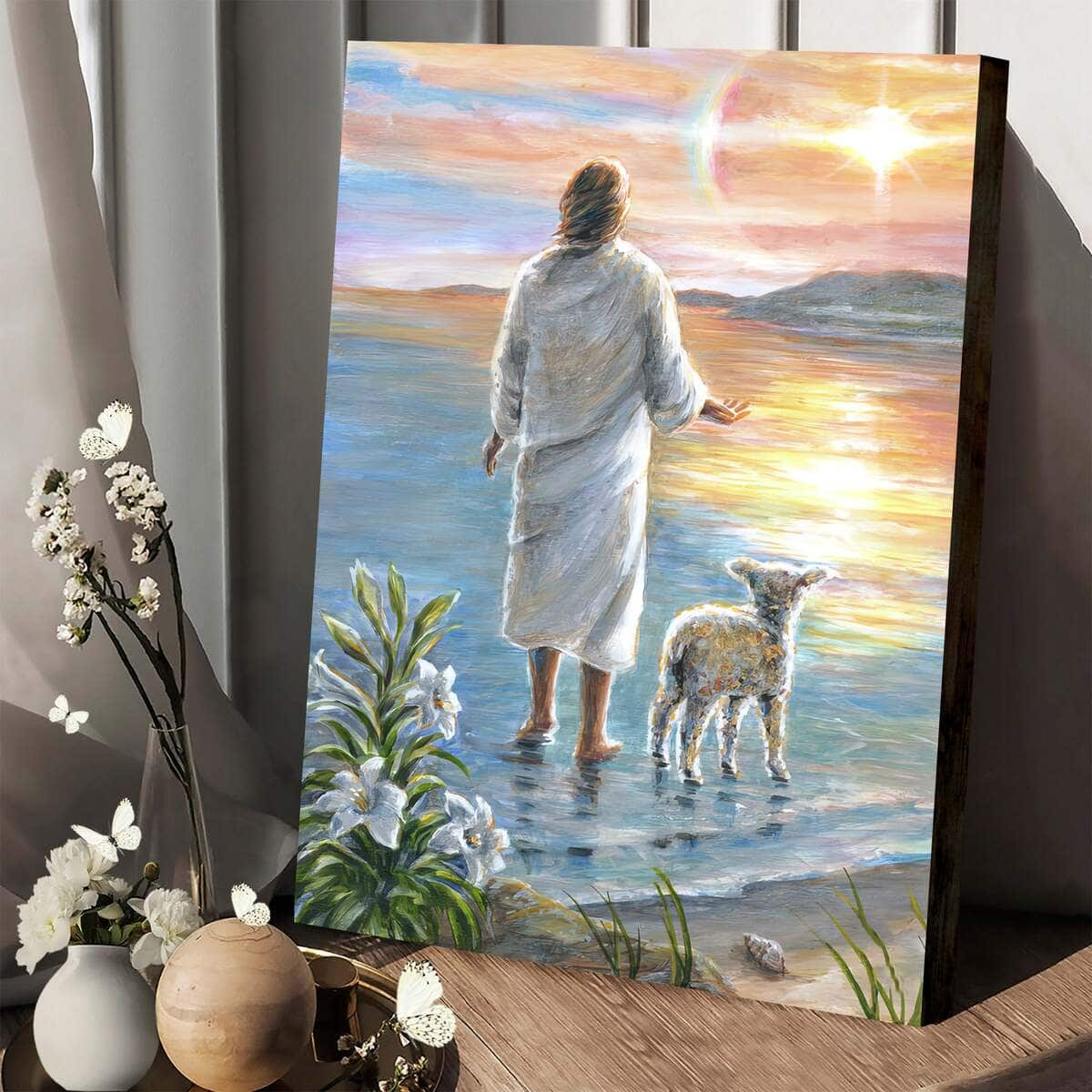 Christian Canvas Print Christ Leading A Lamb Along The Beach Jesus