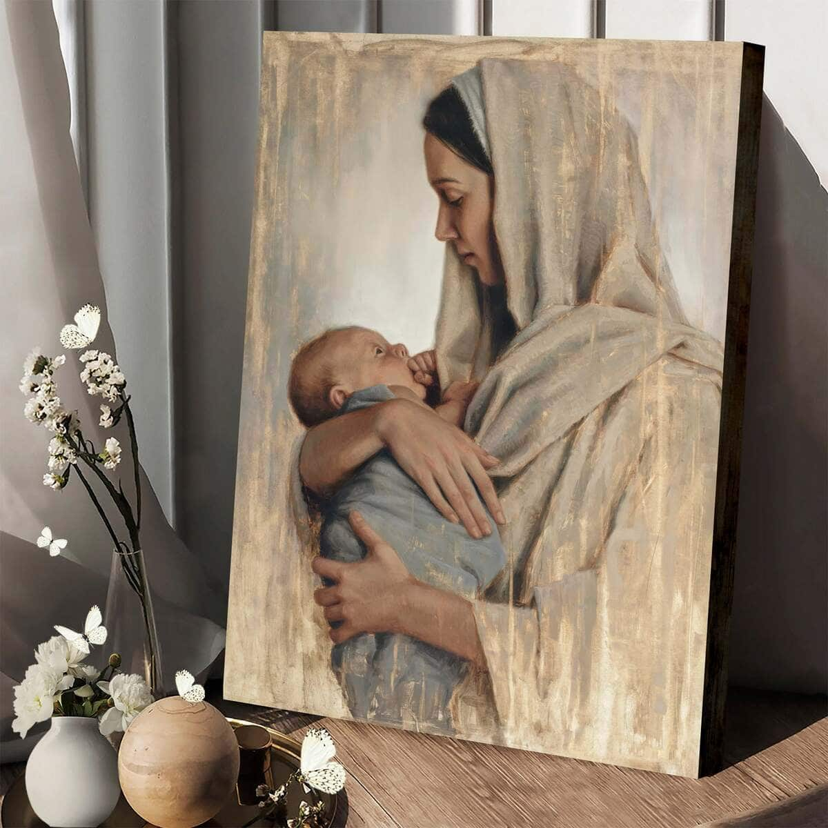 Christian Canvas Print Mother Mary Holding Baby Jesus Heaven's