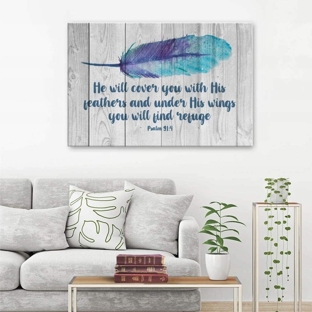 Christian Canvas Wall Art He Will Cover You With His Feathers Psalm 91:4 Bible Verse Christian Canvas Wall Art He Will Cover You With His Feathers Psalm 91:4 Bible Verse