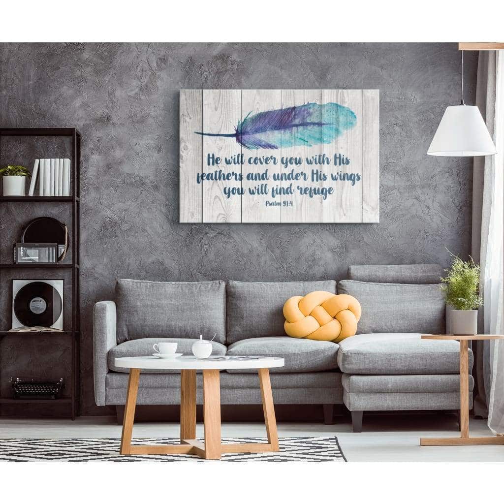 Christian Canvas Wall Art He Will Cover You With His Feathers Psalm 91:4 Bible Verse Christian Canvas Wall Art He Will Cover You With His Feathers Psalm 91:4 Bible Verse
