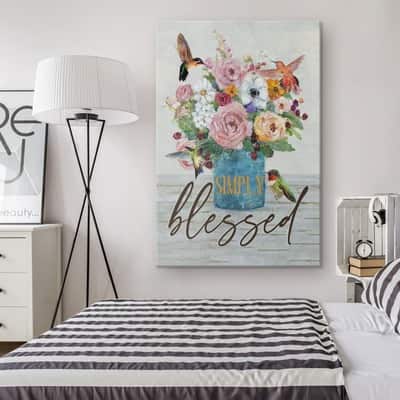 Christian Canvas Print Simply Blessed Hummingbird Flower