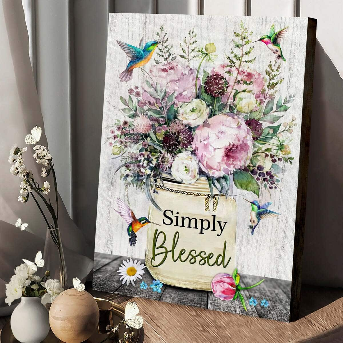 Christian Simply Blessed Canvas Print Hummingbird Flowers