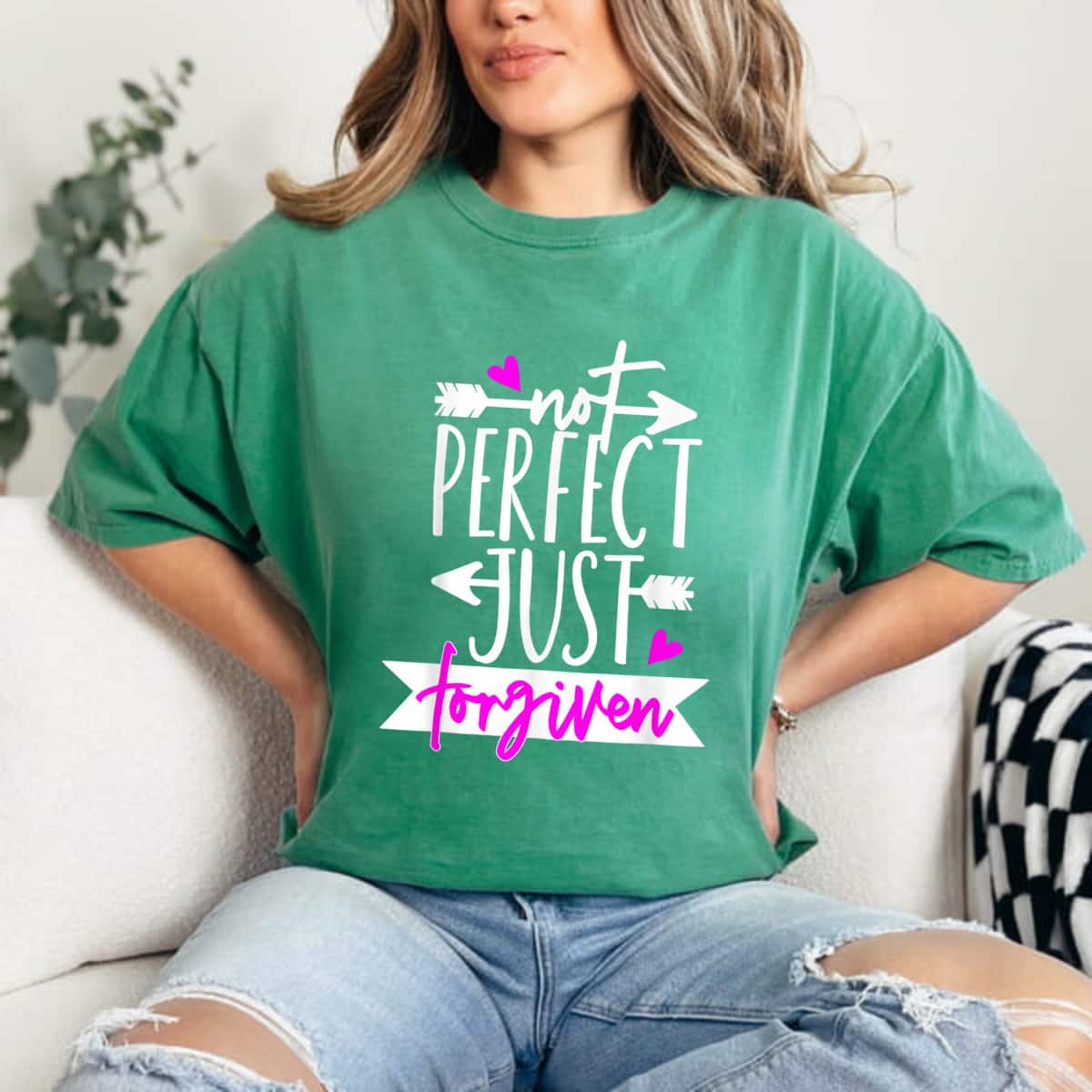 Christian Forgiven Not Perfect Pink Heart Cute Arrow Faith T-Shirt