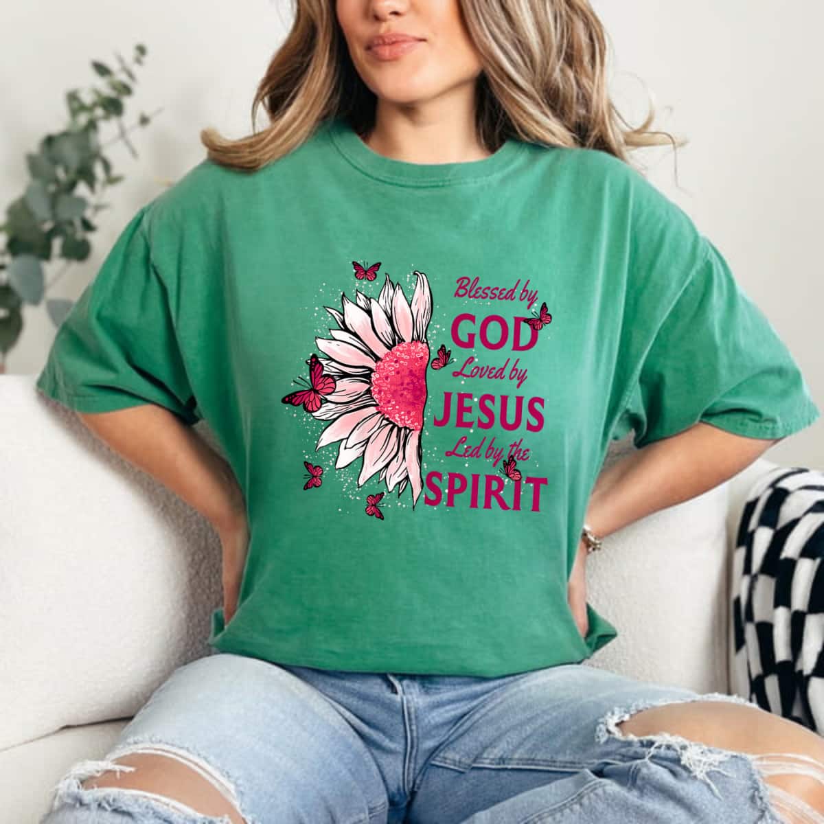 Blessed By God - Loved By Jesus Pink Sunflower And Butterfly T-Shirt