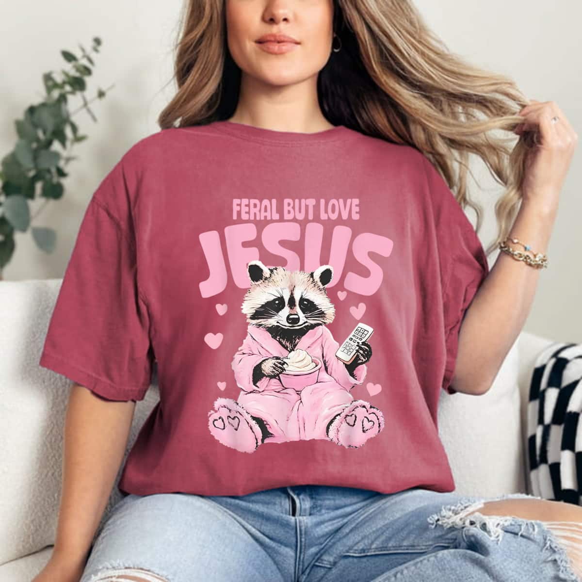 Feral But Loves Jesus Christian Valentines Day Raccoon Lover T-Shirt