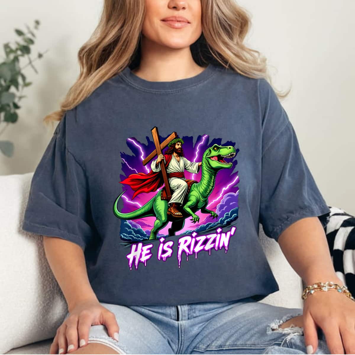 Retro Jesus Christian He Is Rizzin' Riding T-Rex Dinosaur T-Shirt Retro Jesus Christian He Is Rizzin' Riding T-Rex Dinosaur T-Shirt