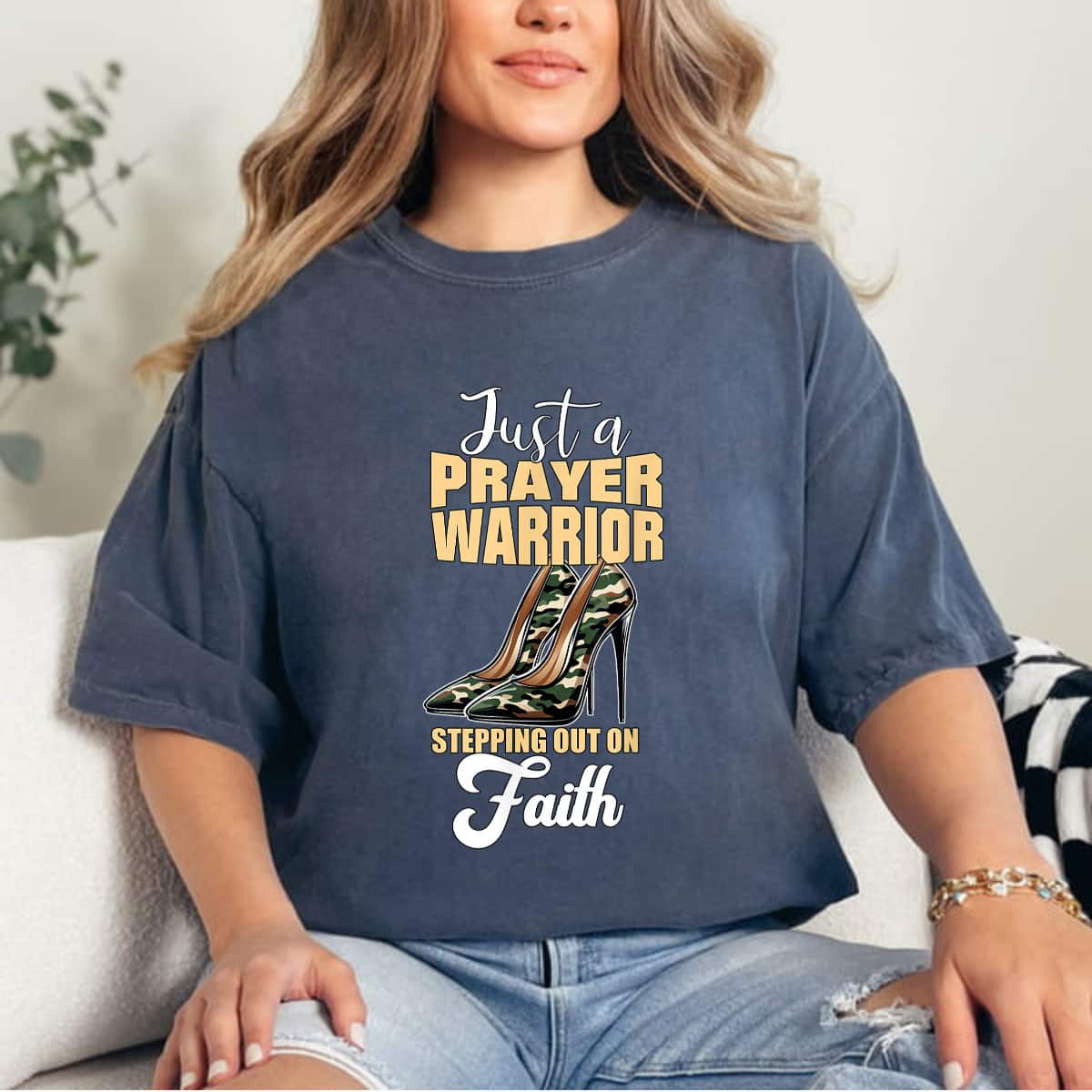 Just A Prayer Warrior Faith Camo Heels Christian Woman T-Shirt Just A Prayer Warrior Faith Camo Heels Christian Woman T-Shirt