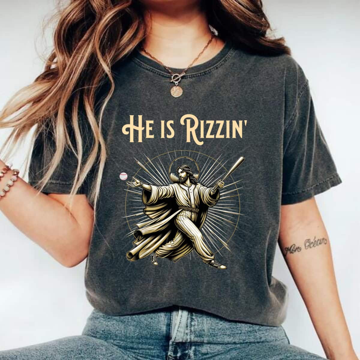 Funny Christian He Is Rizzin Jesus Playing Baseball T-Shirt Funny Christian He Is Rizzin Jesus Playing Baseball T-Shirt