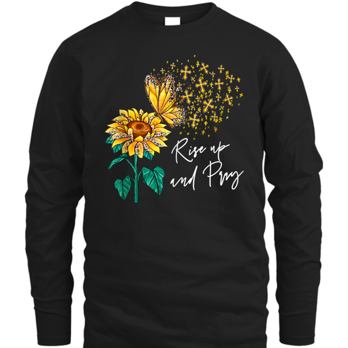 Rise Up And Pray Jesus T-Shirt Sunflower Christian Religious Cross