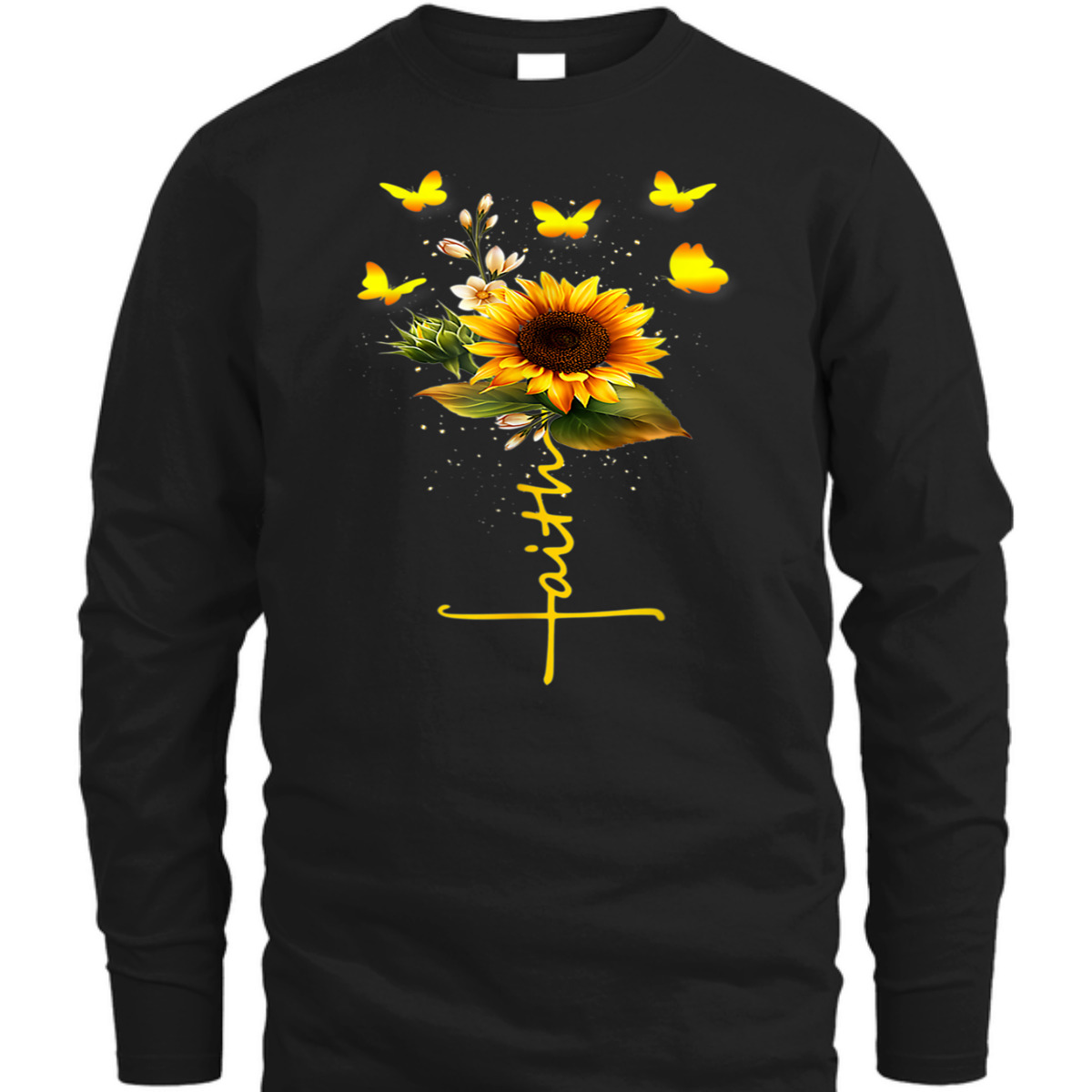Vintage Faith T-Shirt Christian Cross And Sunflower Butterflies Flowers