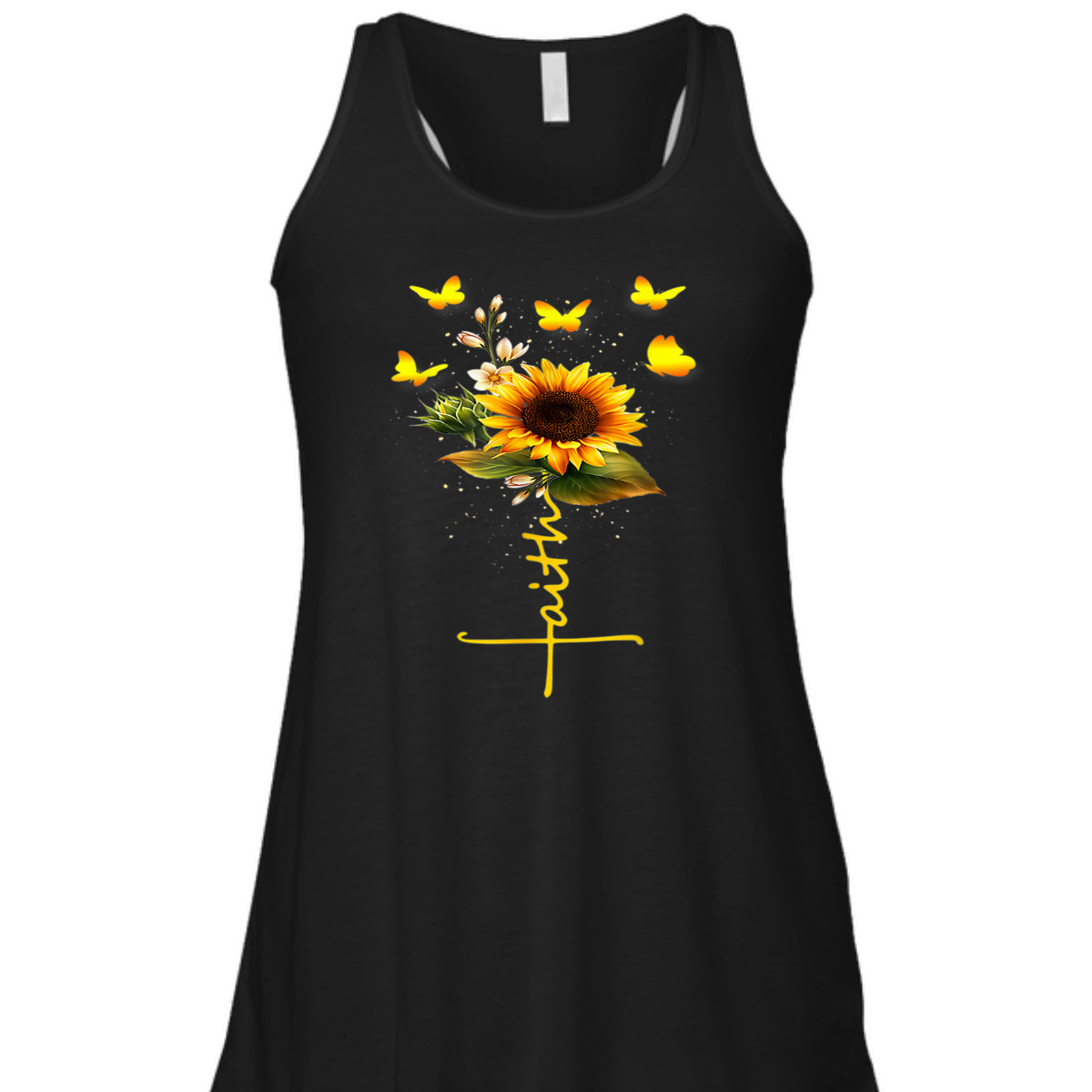 Vintage Faith T-Shirt Christian Cross And Sunflower Butterflies Flowers