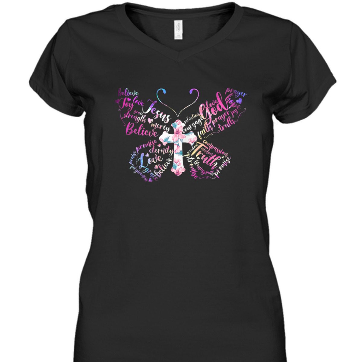 Butterfly Prayer Jesus Christian Cross Floral T-Shirt